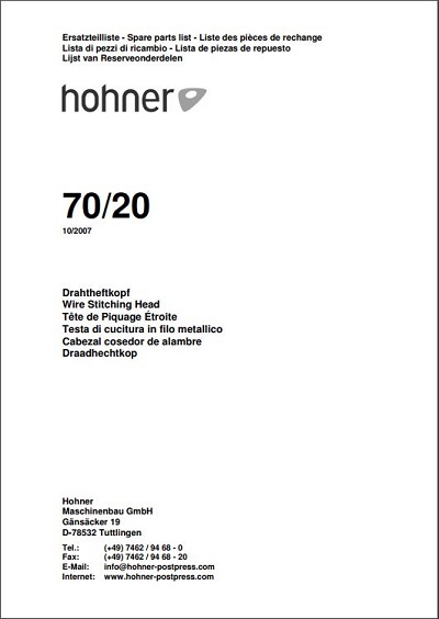 Hohner 70/20 stitcher head manual (2007) cover