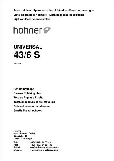 Hohner 43/6S stitcher head manual (2008) cover