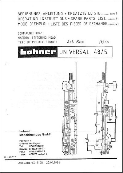 Hohner 48/5 stitcher head manual (1994) cover